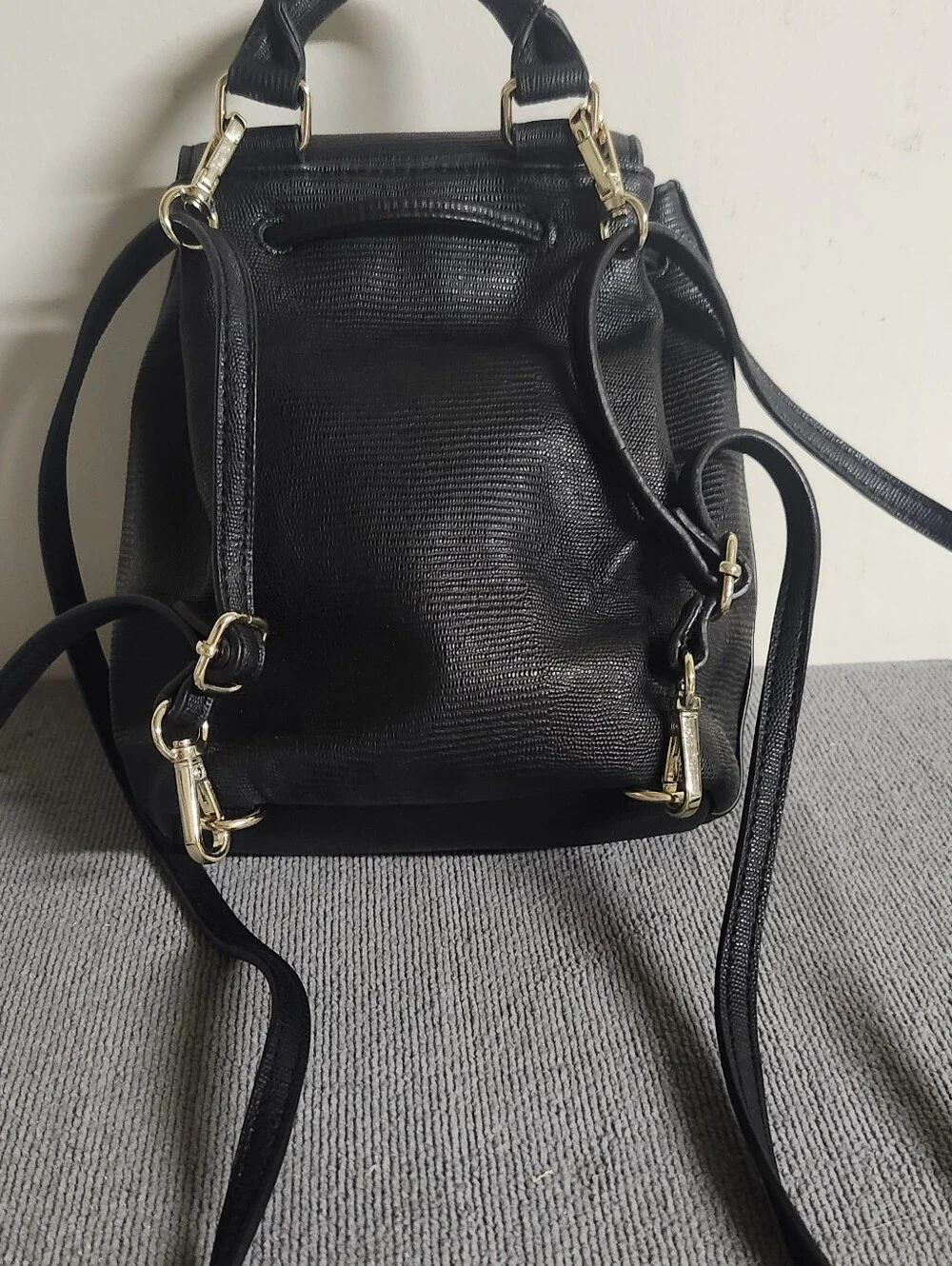 Victoria's Secret Black Textured Mini Backpack with Gold Logo Plate